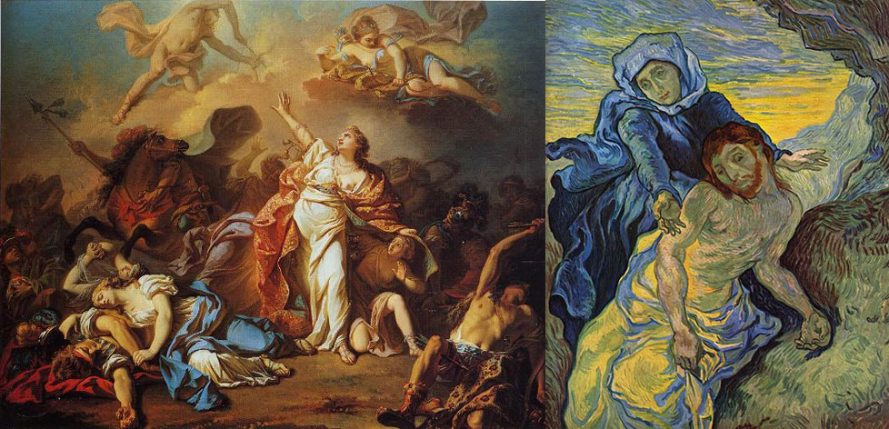 G : Jacques Louis David, Niobé devant ses enfants, 1772, 121 x 154 cm - D : Vincent Van Gogh, Pieta, 1889, 73 x 60 cm 