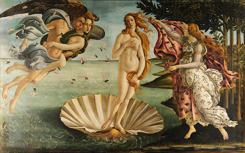 Sandro Botticelli, La naissance de Vénus, 184,5 × 285,5 cm, tempera, Galerie des Offices, Florence (Italie)