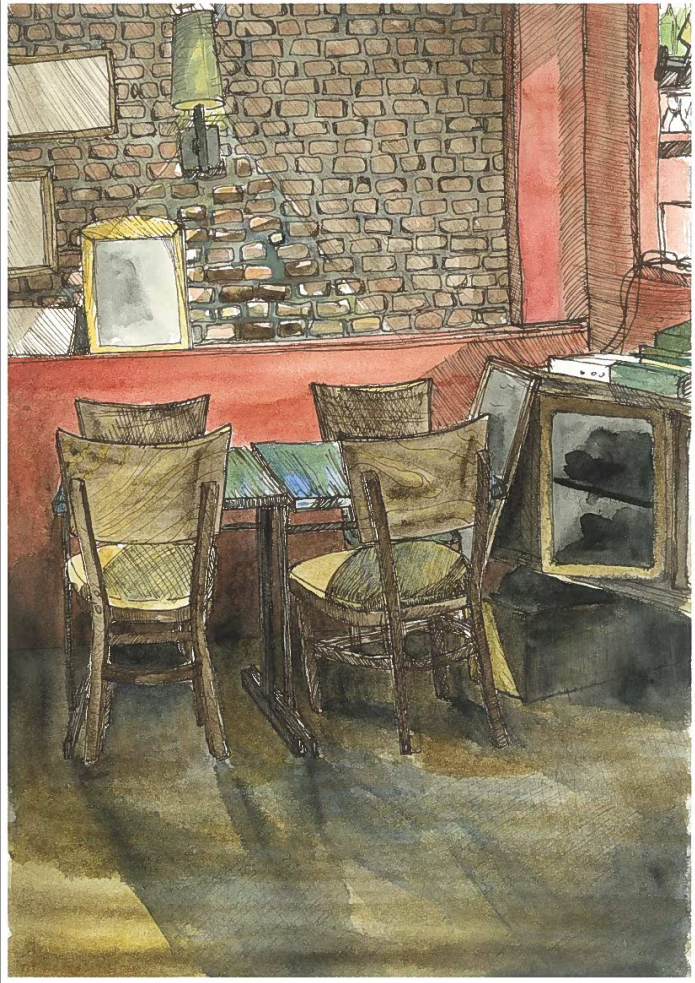 Dessin à l'aquarelle de l'intérieur du Zic Zinc