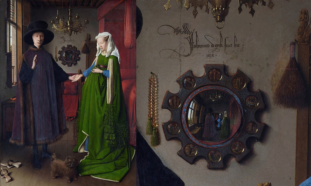 Jan Van Eycke, Les Époux Arnolfini, huile  sur bois, 82,2 cm × 60 cm, 1434, National Gallery, Londres, Angleterre / Détail à droite. 