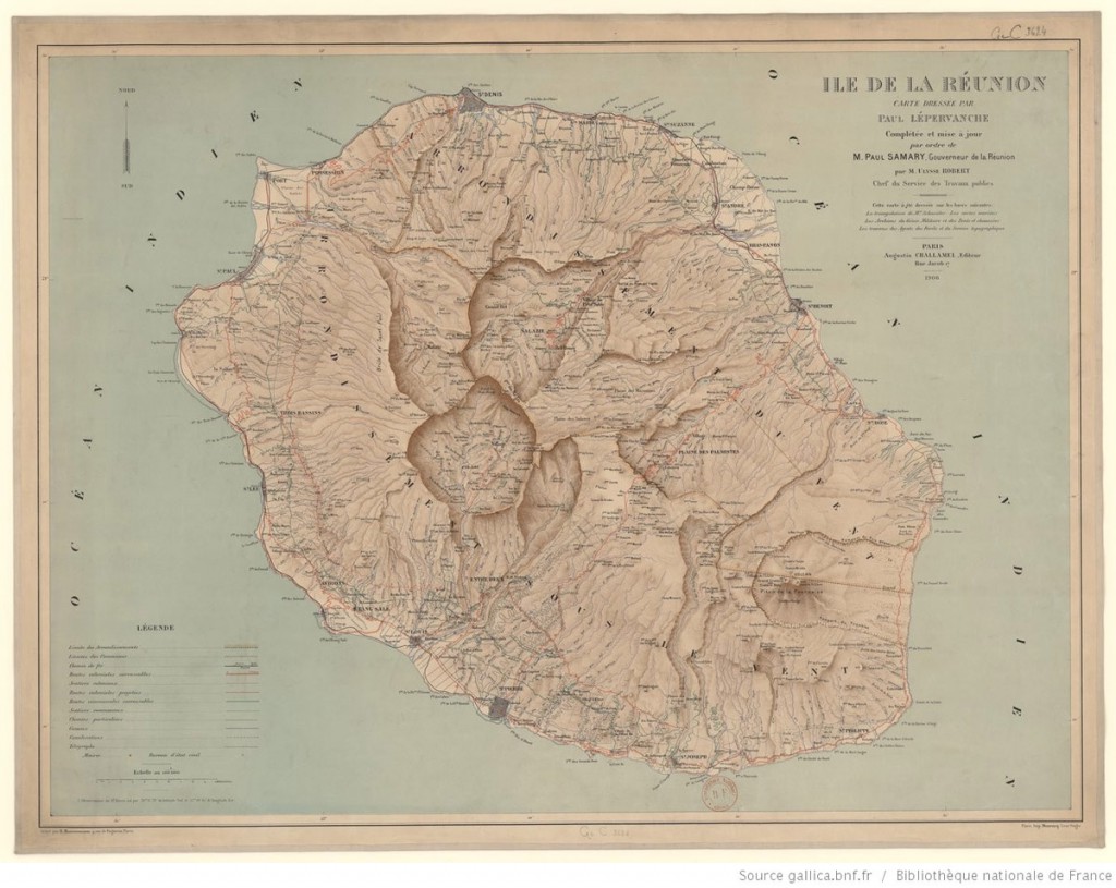 Ile de la Réunion / carte dressée par Paul Lepervanche ; complétée et mise à jour par M. Ulysse Robert. 1906, Bibliothèque nationale de France, département Cartes et plans, GE C-3624