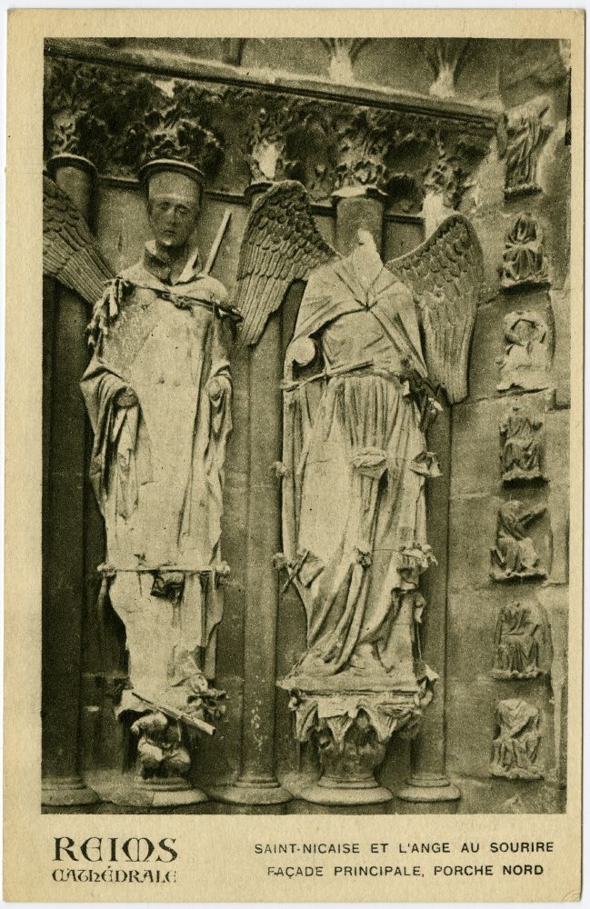 Saint-Nicaise et l'Ange au sourire, vue sur la façade du porche nord de la cathédrale de Reims, image de 1918, George Eastman House Collection